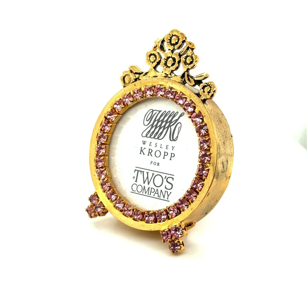 Wesley Kropp for Twos Company Gold Pink Rhinestone Mini Round Picture Frame
